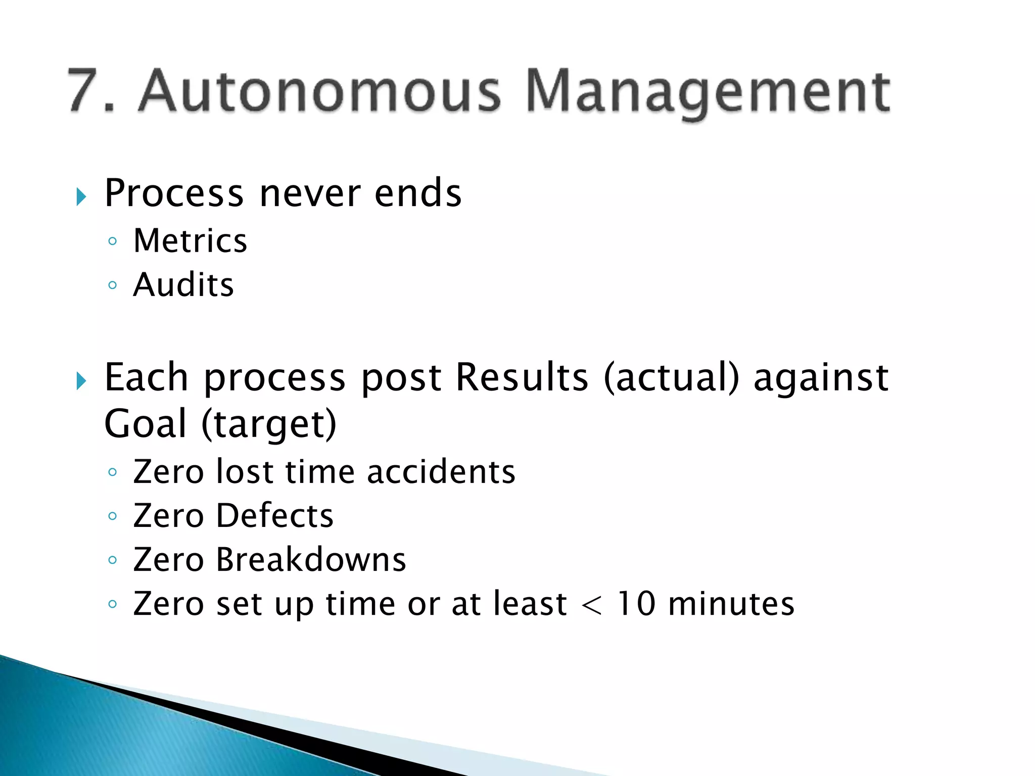  Process never ends
◦ Metrics
◦ Audits
 Each process post Results (actual) against
Goal (target)
◦ Zero lost time accidents
◦ Zero Defects
◦ Zero Breakdowns
◦ Zero set up time or at least < 10 minutes
 