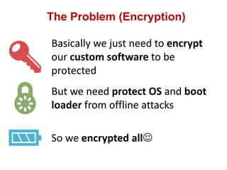 The Problem (Encryption)
Basically we just need to encrypt
our custom software to be
protected
But we need protect OS and boot
loader from offline attacks
So we encrypted all
 