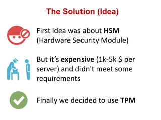 The Solution (Idea)
First idea was about HSM
(Hardware Security Module)
But it’s expensive (1k-5k $ per
server) and didn't meet some
requirements
Finally we decided to use TPM
 