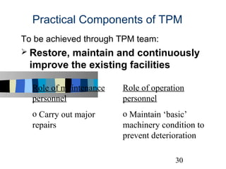 Practical Components of TPM
To be achieved through TPM team:
 Restore,
         maintain and continuously
 improve the ex...