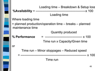 48
Loading time – Breakdown & Setup loss
%Availability = -----------------------------------------------x 100
Loading time
Where loading time
= planned production/operation time – breaks – planned
maintenance time
Quantity produced
% Performance = ----------------------------------- x 100
Time run x Capacity/Given time
or
Time run – Minor stoppages – Reduced speed
= -------------------------------------------------------------- x 100
Time run
 