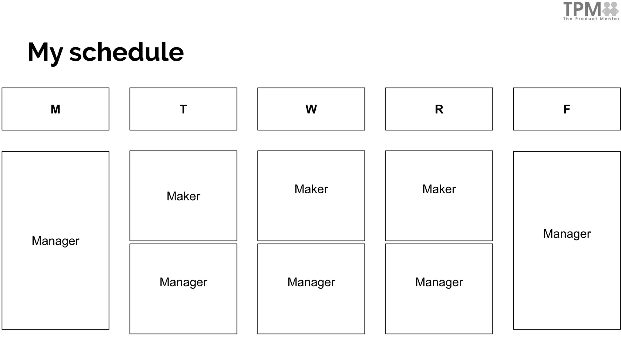 My schedule
T WM R F
Manager
Manager Manager Manager
Manager
Maker
Maker Maker
 