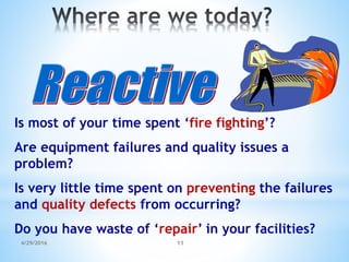 4/29/2016 11
Is most of your time spent ‘fire fighting’?
Are equipment failures and quality issues a
problem?
Is very little time spent on preventing the failures
and quality defects from occurring?
Do you have waste of ‘repair’ in your facilities?
 