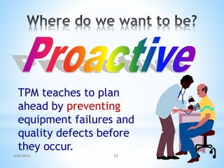 4/29/2016 13
TPM teaches to plan
ahead by preventing
equipment failures and
quality defects before
they occur.
 