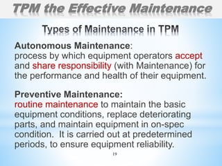 19
Autonomous Maintenance:
process by which equipment operators accept
and share responsibility (with Maintenance) for
the performance and health of their equipment.
Preventive Maintenance:
routine maintenance to maintain the basic
equipment conditions, replace deteriorating
parts, and maintain equipment in on-spec
condition. It is carried out at predetermined
periods, to ensure equipment reliability.
TPM the Effective Maintenance
 