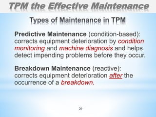 20
Predictive Maintenance (condition-based):
corrects equipment deterioration by condition
monitoring and machine diagnosis and helps
detect impending problems before they occur.
Breakdown Maintenance (reactive):
corrects equipment deterioration after the
occurrence of a breakdown.
TPM the Effective Maintenance
 