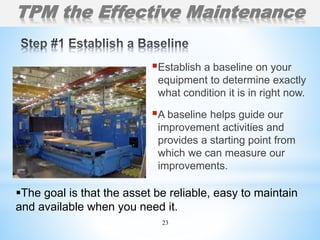 23
Establish a baseline on your
equipment to determine exactly
what condition it is in right now.
A baseline helps guide our
improvement activities and
provides a starting point from
which we can measure our
improvements.
TPM the Effective Maintenance
The goal is that the asset be reliable, easy to maintain
and available when you need it.
 