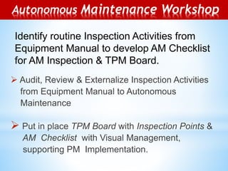Autonomous Maintenance Workshop
 Audit, Review & Externalize Inspection Activities
from Equipment Manual to Autonomous
Maintenance
 Put in place TPM Board with Inspection Points &
AM Checklist with Visual Management,
supporting PM Implementation.
Identify routine Inspection Activities from
Equipment Manual to develop AM Checklist
for AM Inspection & TPM Board.
 