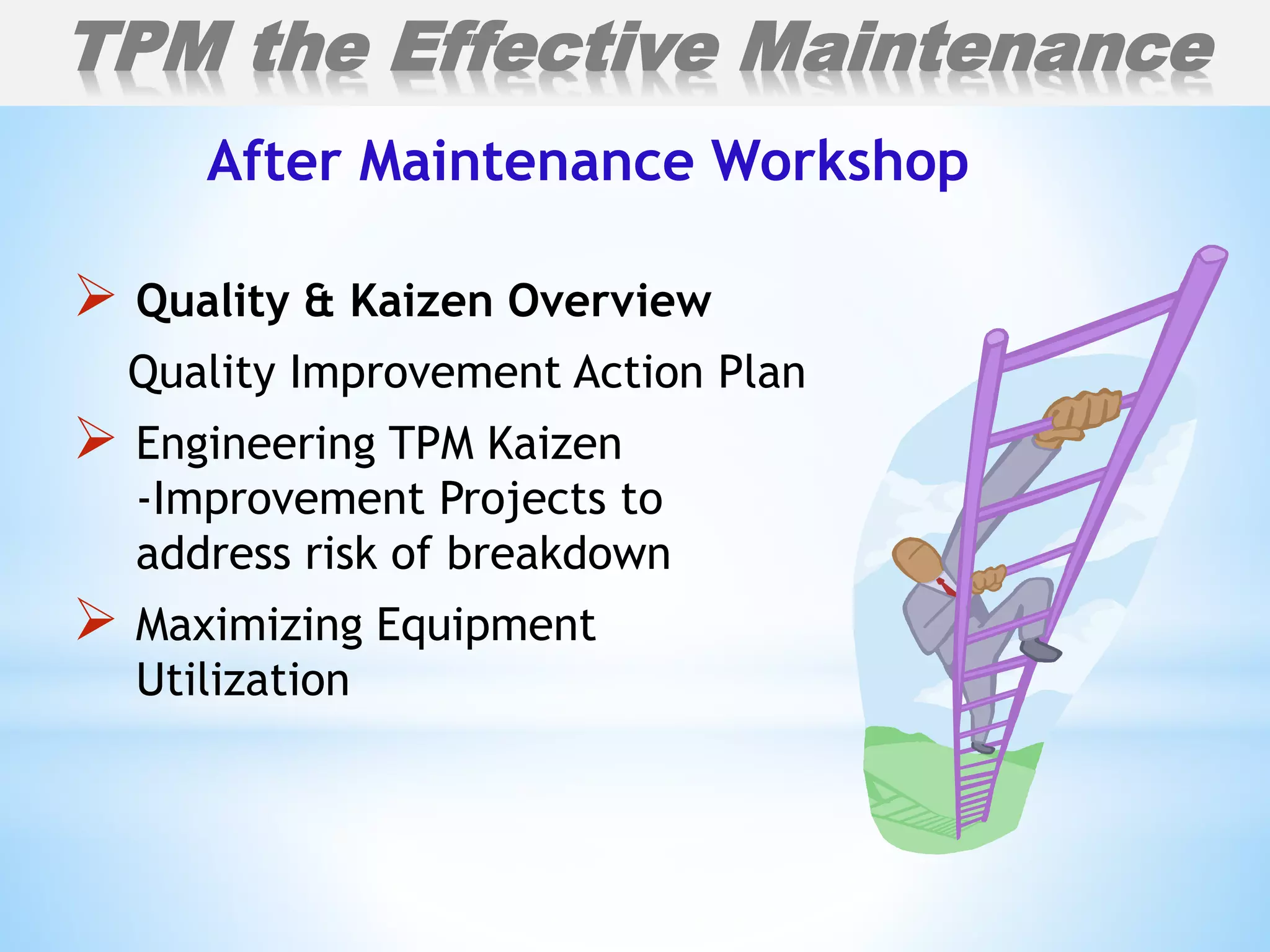  Quality & Kaizen Overview
Quality Improvement Action Plan
 Engineering TPM Kaizen
-Improvement Projects to
address risk of breakdown
 Maximizing Equipment
Utilization
After Maintenance Workshop
TPM the Effective Maintenance
 
