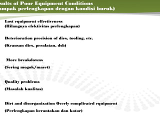 sults of Poor Equipment Conditions
ampak perlengkapan dengan kondisi buruk)

  Lost equipment effectiveness
  (Hilangnya efektivitas perlengkapan)


  Deterioration precision of dies, tooling, etc.
  (Keausan dies, peralatan, dsb)


  More breakdowns
  (Sering mogok/macet)


  Quality problems
  (Masalah kualitas)


  Dirt and disorganization Overly complicated equipment
  (Perlengkapan berantakan dan kotor)
 