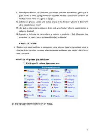 9. Para algunos hinchas, el fútbol tiene costumbres y rituales. Encuesten a gente que le
        guste mucho el fútbol y pregúnteles qué acciones, rituales y costumbres practican los
        hinchas cuando van a ver jugar a su equipo.
     10. Debatan en grupos: ¿existe una cultura propia de los hinchas? ¿Cómo la definirían?
        ¿Qué características tiene?
     11. ¿En qué se diferencia un seguidor de un club y un hincha? ¿Cómo caracterizarían a
        cada uno de ellos?
     12. Busquen la definición de nacionalismo y racismo o xenofobia. ¿Qué diferencias hay
        entre ellas y la pasión que promueve el fútbol en un Mundial?


        A MODO DE CIERRE:

 •   Realicen una presentación en la que puedan volcar algunas ideas fundamentales sobre la
     defensa de los derechos humanos y las respuestas vertidas en este trabajo relacionando
     esos conceptos.


     Acerca de los países que participan
              1. Participan 32 países, los cuales son:
                                       Equipos participantes
                                     Corea del                        Nueva
                  Alemania                           Ghana
                               Sur                                 Zelanda
                                  Costa de
                  Argelia                             Grecia            Países Bajos
                               Marfil
                  Argentina       Dinamarca           Honduras          Paraguay
                  Australia       Eslovaquia          Inglaterra        Portugal
                  Brasil          Eslovenia           Italia            Serbia16
                  Camerún         España              Japón             Sudáfrica
                                  Estados
                  Chile                               México            Suiza
                               Unidos
                 Corea del
                                     Francia          Nigeria           Uruguay
              Norte


Si, si se puede identificarlos en un mapa.




                                                                                           3
 