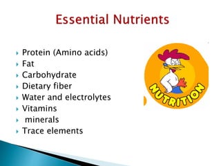  Protein (Amino acids)
 Fat
 Carbohydrate
 Dietary fiber
 Water and electrolytes
 Vitamins
 minerals
 Trace elements
 