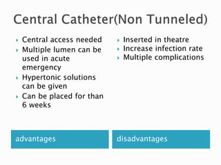 advantages disadvantages
 Central access needed
 Multiple lumen can be
used in acute
emergency
 Hypertonic solutions
can be given
 Can be placed for than
6 weeks
 Inserted in theatre
 Increase infection rate
 Multiple complications
 