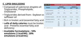 C. LIPID EMULSIONS
• Composed of submicron droplets of:
Triglycerides, Phospholipids,
Cholesterol
• Triglycerides derived from : Soybean or
safflower oil
• Rich in linoleic acid (essential fatty acid)
• ≥4% of daily calories must be linoleic
acid - Prevents essential fatty acid
deficiency
• Available Formulations - 10%
emulsions (1 kcal/Ml) ; 20%
emulsions (2 kcal/mL)
 