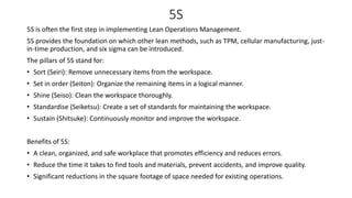 5S
5S is often the first step in implementing Lean Operations Management.
5S provides the foundation on which other lean methods, such as TPM, cellular manufacturing, just-
in-time production, and six sigma can be introduced.
The pillars of 5S stand for:
• Sort (Seiri): Remove unnecessary items from the workspace.
• Set in order (Seiton): Organize the remaining items in a logical manner.
• Shine (Seiso): Clean the workspace thoroughly.
• Standardise (Seiketsu): Create a set of standards for maintaining the workspace.
• Sustain (Shitsuke): Continuously monitor and improve the workspace.
Benefits of 5S:
• A clean, organized, and safe workplace that promotes efficiency and reduces errors.
• Reduce the time it takes to find tools and materials, prevent accidents, and improve quality.
• Significant reductions in the square footage of space needed for existing operations.
 