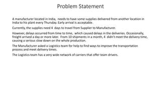 Problem Statement
A manufacturer located in India, needs to have some supplies delivered from another location in
India to his plant every Thursday. Early arrival is acceptable.
Currently, the supplies need 4 days to travel from Supplier to Manufacturer.
However, delays occurred from time to time, which caused delays in the deliveries. Occasionally,
freight arrived a day or more later. From 10 shipments in a month, 4 didn’t meet the delivery time,
causing a serious slow down on the whole production.
The Manufacturer asked a Logistics team for help to find ways to improve the transportation
process and meet delivery times.
The Logistics team has a very wide network of carriers that offer team drivers.
 