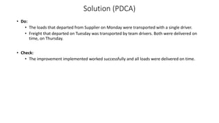 Solution (PDCA)
• Do:
• The loads that departed from Supplier on Monday were transported with a single driver.
• Freight that departed on Tuesday was transported by team drivers. Both were delivered on
time, on Thursday.
• Check:
• The improvement implemented worked successfully and all loads were delivered on time.
 