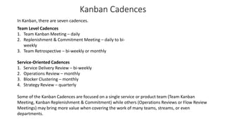 Kanban Cadences
In Kanban, there are seven cadences.
Team Level Cadences
1. Team Kanban Meeting – daily
2. Replenishment & Commitment Meeting – daily to bi-
weekly
3. Team Retrospective – bi-weekly or monthly
Service-Oriented Cadences
1. Service Delivery Review – bi-weekly
2. Operations Review – monthly
3. Blocker Clustering – monthly
4. Strategy Review – quarterly
Some of the Kanban Cadences are focused on a single service or product team (Team Kanban
Meeting, Kanban Replenishment & Commitment) while others (Operations Reviews or Flow Review
Meetings) may bring more value when covering the work of many teams, streams, or even
departments.
 