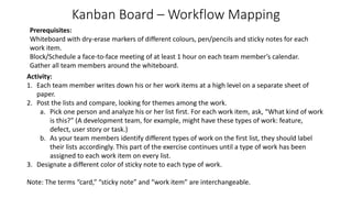 Kanban Board – Workflow Mapping
Activity:
1. Each team member writes down his or her work items at a high level on a separate sheet of
paper.
2. Post the lists and compare, looking for themes among the work.
a. Pick one person and analyze his or her list first. For each work item, ask, “What kind of work
is this?” (A development team, for example, might have these types of work: feature,
defect, user story or task.)
b. As your team members identify different types of work on the first list, they should label
their lists accordingly. This part of the exercise continues until a type of work has been
assigned to each work item on every list.
3. Designate a different color of sticky note to each type of work.
Note: The terms “card,” “sticky note” and “work item” are interchangeable.
Prerequisites:
Whiteboard with dry-erase markers of different colours, pen/pencils and sticky notes for each
work item.
Block/Schedule a face-to-face meeting of at least 1 hour on each team member’s calendar.
Gather all team members around the whiteboard.
 