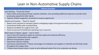 Lean in Non-Automotive Supply Chains
Industry Examples
Lean Banking - “Chuck the Check”
• Faster check processing and lower capacity utilization, thus providing additional capacity to provide check
processing capacity for other banks.
• Capacity-related congestion converted to revenue opportunity
Healthcare/Hospitals – “Need for Speed”
• Reduce time required to transport patient undergoing surgery from general ward to operating room,
• Streamlined facility with smoothed flow,
• Reduced variability for surgery times, and
• Quick turnaround of bottleneck operating room resources.
Retail stores (7-Eleven, Japan) – “Just In Time”
• Just-in-time (JIT) inventory system to minimize waste and maximize efficiency.
• Collaborative relationships with suppliers
• Efficient transportation system
• Data-driven decision making
• Continuous improvement: 7 Eleven encourages its employees and suppliers to identify and eliminate waste
throughout the supply chain
• 7-Eleven beat Amazon when it came to who delivered orders first to its customers via drones
 