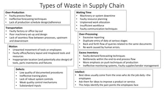 Types of Waste in Supply Chain
Over-Production:
• Faulty process flows
• Ineffective forecasting techniques
• Lack of production schedule design/adherence
Waiting Time:
• Machinery or system downtime
• Faulty resource planning
• Unplanned work allocation
• Insufficient workforce
• Faulty communication techniques
Transportation:
• Faulty factory or office lay-out
• Poor machinery set-up and design
• Lack of seamless flow between processes, upstream
and downstream
Over-Processing:
• Excessive reporting
• Duplicate entry of data at various stages
• Back and forth flow of queries related to the same documents
• Re-work caused by human errors.
Motion:
• Unwanted movement of tools or employees
• Faulty office/factory layout and misplaced tools and
resources
• Inappropriate location (and potentially also design) of
tools, parts inventories and fixtures
Excess Inventory:
• Faulty demand forecasting techniques
• Bottlenecks within the end-to-end process flow
• More emphasis on push techniques of production
• Ineffective monitoring systems, Faulty supplier/vendor management
Defects:
• Low quality of documented procedures
• Ineffective training plans
• Lack of robust system controls
• Weak quality control mechanisms
• Substandard inputs
Intellect:
• Best ideas usually come from the ones who do the job daily –the
employees
• Ask them for ideas to improve a product or service.
• This helps identify the pain points the employees face
 