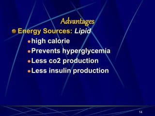 Advantages
Energy Sources: Lipid
high calorie
Prevents hyperglycemia
Less co2 production
Less insulin production
14
 