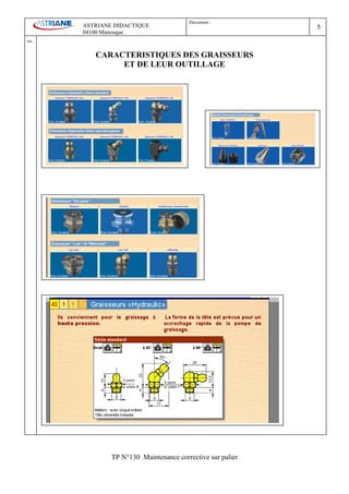 Document :
          ASTRIANE DIDACTIQUE                                  5
          04100 Manosque
Ind   .

             CARACTERISTIQUES DES GRAISSEURS
                  ET DE LEUR OUTILLAGE




                  TP N°130 Maintenance corrective sur palier
 
