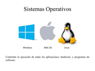 Sistemas Operativos
Controlan la ejecución de todas las aplicaciones, hardware, y programas de
software.
Windows MAC OS Linux
 