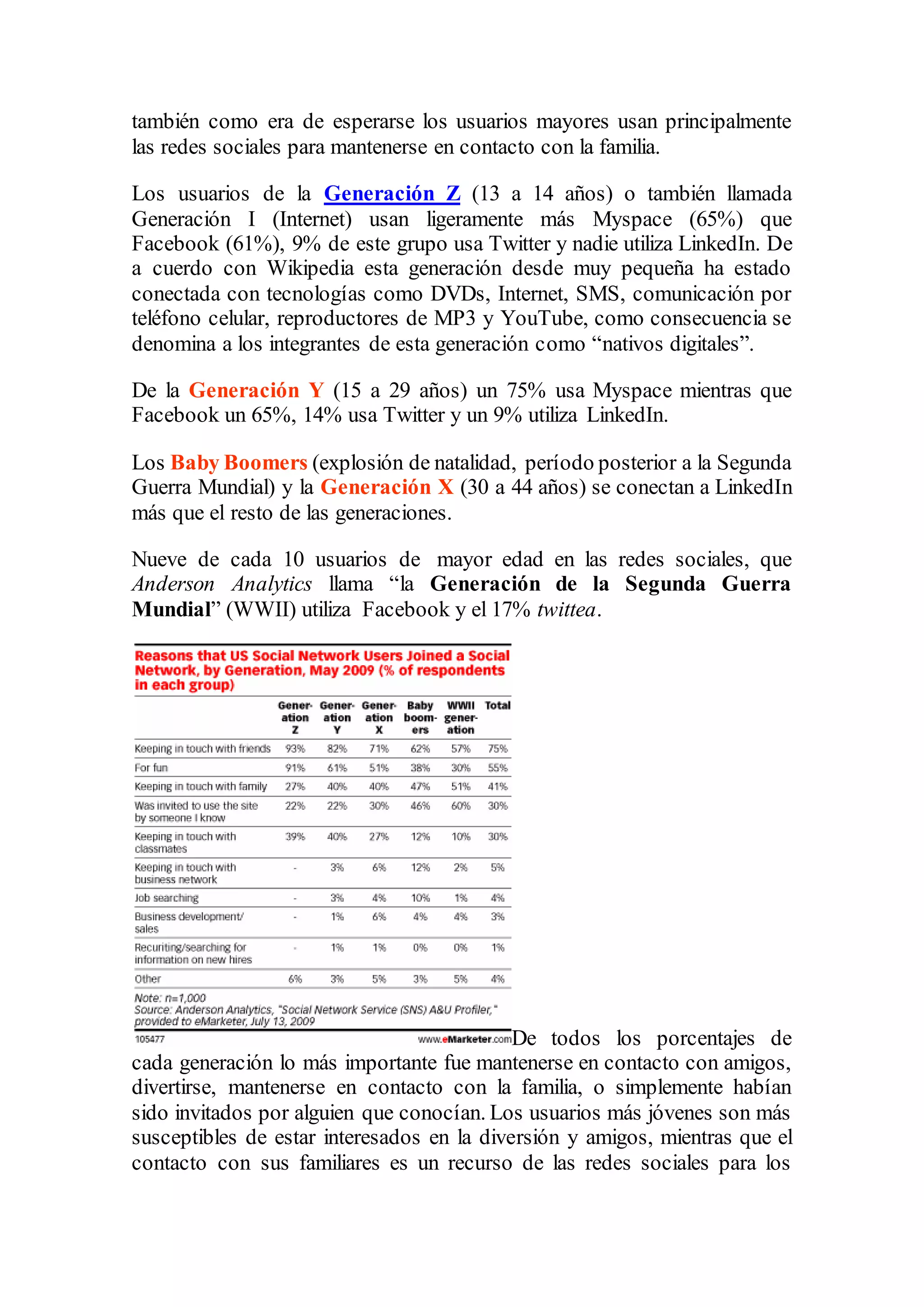 también como era de esperarse los usuarios mayores usan principalmente
las redes sociales para mantenerse en contacto con la familia.
Los usuarios de la Generación Z (13 a 14 años) o también llamada
Generación I (Internet) usan ligeramente más Myspace (65%) que
Facebook (61%), 9% de este grupo usa Twitter y nadie utiliza LinkedIn. De
a cuerdo con Wikipedia esta generación desde muy pequeña ha estado
conectada con tecnologías como DVDs, Internet, SMS, comunicación por
teléfono celular, reproductores de MP3 y YouTube, como consecuencia se
denomina a los integrantes de esta generación como “nativos digitales”.
De la Generación Y (15 a 29 años) un 75% usa Myspace mientras que
Facebook un 65%, 14% usa Twitter y un 9% utiliza LinkedIn.
Los Baby Boomers (explosión de natalidad, período posterior a la Segunda
Guerra Mundial) y la Generación X (30 a 44 años) se conectan a LinkedIn
más que el resto de las generaciones.
Nueve de cada 10 usuarios de mayor edad en las redes sociales, que
Anderson Analytics llama “la Generación de la Segunda Guerra
Mundial” (WWII) utiliza Facebook y el 17% twittea.
De todos los porcentajes de
cada generación lo más importante fue mantenerse en contacto con amigos,
divertirse, mantenerse en contacto con la familia, o simplemente habían
sido invitados por alguien que conocían. Los usuarios más jóvenes son más
susceptibles de estar interesados en la diversión y amigos, mientras que el
contacto con sus familiares es un recurso de las redes sociales para los
 
