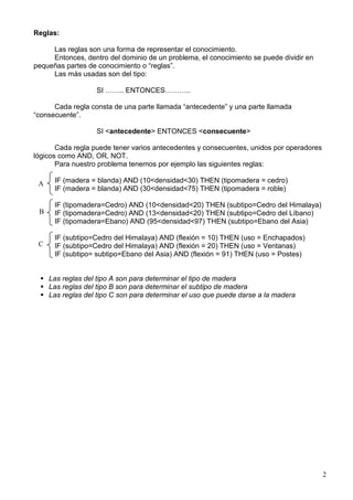 Reglas:

     Las reglas son una forma de representar el conocimiento.
     Entonces, dentro del dominio de un problema, el conocimiento se puede dividir en
pequeñas partes de conocimiento o “reglas”.
     Las más usadas son del tipo:

                   SI …….. ENTONCES………..

      Cada regla consta de una parte llamada “antecedente” y una parte llamada
“consecuente”.

                   SI <antecedente> ENTONCES <consecuente>

       Cada regla puede tener varios antecedentes y consecuentes, unidos por operadores
lógicos como AND, OR, NOT.
       Para nuestro problema tenemos por ejemplo las siguientes reglas:

 A    IF (madera = blanda) AND (10<densidad<30) THEN (tipomadera = cedro)
      IF (madera = blanda) AND (30<densidad<75) THEN (tipomadera = roble)

      IF (tipomadera=Cedro) AND (10<densidad<20) THEN (subtipo=Cedro del Himalaya)
 B    IF (tipomadera=Cedro) AND (13<densidad<20) THEN (subtipo=Cedro del Líbano)
      IF (tipomadera=Ebano) AND (95<densidad<97) THEN (subtipo=Ebano del Asia)

      IF (subtipo=Cedro del Himalaya) AND (flexión = 10) THEN (uso = Enchapados)
 C    IF (subtipo=Cedro del Himalaya) AND (flexión = 20) THEN (uso = Ventanas)
      IF (subtipo= subtipo=Ebano del Asia) AND (flexión = 91) THEN (uso = Postes)


     Las reglas del tipo A son para determinar el tipo de madera
     Las reglas del tipo B son para determinar el subtipo de madera
     Las reglas del tipo C son para determinar el uso que puede darse a la madera




                                                                                          2
 