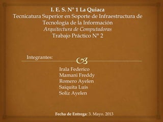 Integrantes:
Irala Federico
Mamani Freddy
Romero Ayelen
Saiquita Luis
Soliz Ayelen
Fecha de Entrega: 3. Mayo. 2013
 