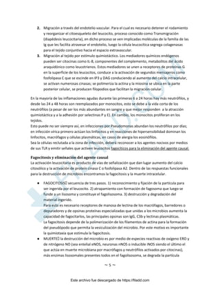 ~ 5 ~
2. Migración a través del endotelio vascular. Para el cual es necesario detener el rodamiento
y reorganizar el citoesqueleto del leucocito, proceso conocido como Transmigración
(diapédesis leucocitaria), en dicho proceso se ven implicadas moléculas de la familia de las
Ig que les facilita atravesar el endotelio, luego la célula leucocítica segrega colagenasas
para el tejido conjuntivo hacia el espacio extravascular.
3. Migración al tejido por estímulo quimiotáctico. Los mediadores químicos endógenos
pueden ser citocinas como IL-8, componentes del complemento, metabolitos del ácido
araquidónico como leucotrienos. Estos mediadores se unen a receptores de proteínas G
en la superficie de los leucocitos, conduce a la activación de segundos mensajeros como
fosfolipasa C que se escinde en IP3 y DAG conduciendo al aumento del calcio intracelular,
se activan numerosas cinasas; se polimeriza la actina y la miosina se ubica en la parte
posterior celular, se producen filopodios que facilitan la migración celular.
En la mayoría de las inflamaciones agudas durante las primeras 6 a 24 horas hay más neutrófilos, y
desde las 24 a 48 horas son reemplazados por monocitos, esto se debe a la vida corta de los
neutrófilos (a pesar de ser los más abundantes en sangre y que mejor responden a la atracción
quimiotáctica y a la adhesión por selectinas P y E). En cambio, los monocitos proliferan en los
tejidos.
Esto puede no ser siempre así, en infecciones por Pseudomonas abundan los neutrófilos por días;
en infección vírica primero actúan los linfocitos y en reacciones de hipersensibilidad dominan los
linfocitos, macrófagos y células plasmáticas, en casos de alergia los eosinófilos.
Sea la células reclutada a la zona de infección, deberá reconocer a los agentes nocivos por medios
de sus TLR y emitir señales que activen leucocitos fagocíticos para la eliminación del agente causal.
Fagocitosis y eliminación del agente causal
La activación leucocitaria es producto de vías de señalización que dan lugar aumento del calcio
citosólico y la activación de proteín cinasa C o fosfolipasa A2. Dentro de las respuestas funcionales
para la destrucción de microbios encontramos la fagocitosis y la muerte intracelular.
● FAGOCITOSIS฀ secuencia de tres pasos. 1) reconocimiento y fijación de la partícula para
ser ingerida por el leucocito. 2) atrapamiento con formación de fagosoma que luego se
funde a un lisosoma y constituye el fagolisosoma. 3) destrucción y degradación del
material ingerido.
Para esto es necesario receptores de manosa de lectina de los macrófagos, barredores o
depuradores y de opsinas proteínas especializadas que unidas a los microbios aumenta la
capacidad de fagocitarlos, las principales opsinas son IgG, C3b y lectinas plasmáticas.
La fagocitosis depende de la polimerización de los filamentos de actina para la formación
del pseudópodo que permita la vesiculización del microbio. Por este motivo es importante
la quimiotaxia que estimula la fagocitosis.
● MUERTE฀ la destrucción del microbio es por medio de especies reactivas de oxígeno ERO y
de nitrógeno NO (sea entelial eNOS, neuronas nNOS o inducible iNOS siendo el último el
que actúa en muerte microbiana por macrófagos y neutrófilos activados por citocinas),
más enzimas lisosomales presentes todos en el fagolisosoma, se degrada la partícula
Este archivo fue descargado de https://filadd.com

F
I
L
A
D
D
.
C
O
M
 