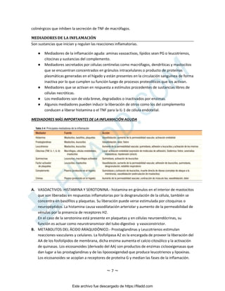 ~ 7 ~
colinérgicos que inhiben la secreción de TNF de macrófagos.
MEDIADORES DE LA INFLAMACIÓN
Son sustancias que inician y regulan las reacciones inflamatorias.
● Mediadores de la inflamación aguda: aminas vasoactivas, lípidos sean PG o leucotrienos,
citocinas y sustancias del complemento.
● Mediadores secretados por células centinelas como macrófagos, dendríticas y mastocitos
que se encuentran concentrados en gránulos intracelulares o producto de proteínas
plasmáticas generadas en el hígado y están presentes en la circulación sanguínea de forma
inactiva por lo que cumplen su función luego de procesos proteolíticos que los activan.
● Mediadores que se activan en respuesta a estímulos procedentes de sustancias libres de
células necróticas.
● Los mediadores son de vida breve, degradados o inactivados por enzimas.
● Algunos mediadores pueden inducir la liberación de otros como los del complemento
conducen a liberar histamina o el TNF para la IL-1 de célula endotelial.
MEDIADORES MÁS IMPORTANTES DE LA INFLAMACIÓN AGUDA
A. VASOACTIVOS: HISTAMINA Y SEROTONINA.- histamina en gránulos en el interior de mastocitos
que son liberadas en respuestas inflamatorias por la desgranulación de la célula, también se
concentra en basófilos y plaquetas. Su liberación puede verse estimulada por citoquinas o
neuropéptidos. La histamina causa vasodilatación arteriolar y aumento de la permeabilidad de
vénulas por la presencia de receptores H2.
En el caso de la serotonina está presente en plaquetas y en células neuroendócrinas, su
función es actuar como neurotransmisor del tubo digestivo y vasoconstrictor.
B. METABOLITOS DEL ÁCIDO ARAQUIDÓNICO.- Prostaglandinas y Leucotrienos estimulan
reacciones vasculares y celulares. La fosfolipasa A2 es la encargada de proveer la liberación del
AA de los fosfolípidos de membrana, dicha enzima aumenta el calcio citosólico y la activación
de quinasas. Los eicosanoides (derivado del AA) son productos de enzimas ciclooxigenasas que
dan lugar a las prostaglandinas y de las lipoooxigendad que produce leucotrienos y lipoxinas.
Los eicosanoides se acoplan a receptores de proteína G y median las fases de la inflamación.
Este archivo fue descargado de https://filadd.com

F
I
L
A
D
D
.
C
O
M
 