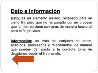 Dato e Información
Dato: es un elemento aislado, recabado para un
cierto fin, pero que no ha pasado por un proceso
que lo interrelacione con otros de manera funcional
para el fin previsto.
Información: se trata del conjunto de datos,
añadidos, procesados y relacionados, de manera
que pueden dar pauta a la correcta toma de
decisiones según el fin previsto.
 