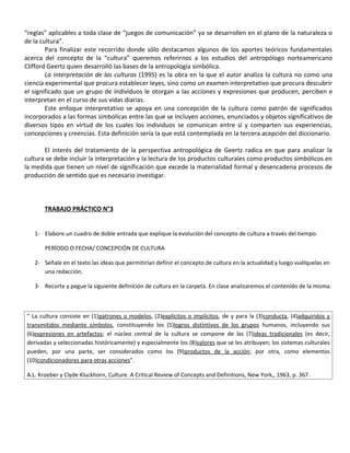 “reglas” aplicables a toda clase de “juegos de comunicación” ya se desarrollen en el plano de la naturaleza o
de la cultura”.
        Para finalizar este recorrido donde sólo destacamos algunos de los aportes teóricos fundamentales
acerca del concepto de la “cultura” queremos referirnos a los estudios del antropólogo norteamericano
Clifford Geertz quien desarrolló las bases de la antropología simbólica.
        La interpretación de las culturas (1995) es la obra en la que el autor analiza la cultura no como una
ciencia experimental que procura establecer leyes, sino como un examen interpretativo que procura descubrir
el significado que un grupo de individuos le otorgan a las acciones y expresiones que producen, perciben e
interpretan en el curso de sus vidas diarias.
        Este enfoque interpretativo se apoya en una concepción de la cultura como patrón de significados
incorporados a las formas simbólicas entre las que se incluyen acciones, enunciados y objetos significativos de
diversos tipos en virtud de los cuales los individuos se comunican entre sí y comparten sus experiencias,
concepciones y creencias. Esta definición sería la que está contemplada en la tercera acepción del diccionario.

       El interés del tratamiento de la perspectiva antropológica de Geertz radica en que para analizar la
cultura se debe incluir la interpretación y la lectura de los productos culturales como productos simbólicos en
la medida que tienen un nivel de significación que excede la materialidad formal y desencadena procesos de
producción de sentido que es necesario investigar.



       TRABAJO PRÁCTICO N°3


   1- Elabore un cuadro de doble entrada que explique la evolución del concepto de cultura a través del tiempo.

       PERÍODO O FECHA/ CONCEPCIÓN DE CULTURA

   2- Señale en el texto las ideas que permitirían definir el concepto de cultura en la actualidad y luego vuélquelas en
      una redacción.

   3- Recorte y pegue la siguiente definición de cultura en la carpeta. En clase analizaremos el contenido de la misma.



“ La cultura consiste en (1)patrones o modelos, (2)explícitos o implícitos, de y para la (3)conducta, (4)adquiridos y
transmitidos mediante símbolos, constituyendo los (5)logros distintivos de los grupos humanos, incluyendo sus
(6)expresiones en artefactos; el núcleo central de la cultura se compone de las (7)ideas tradicionales (es decir,
derivadas y seleccionadas históricamente) y especialmente los (8)valores que se les atribuyen; los sistemas culturales
pueden, por una parte, ser considerados como los (9)productos de la acción; por otra, como elementos
(10)condicionadores para otras acciones”.

A.L. Kroeber y Clyde Kluckhorn, Culture. A Critical Review of Concepts and Definitions, New York,, 1963, p. 367.
 