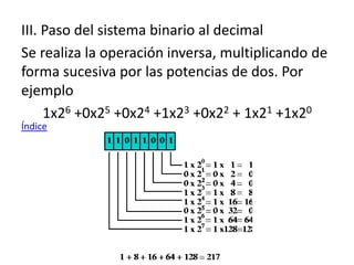 III. Paso del sistema binario al decimal
Se realiza la operación inversa, multiplicando de
forma sucesiva por las potencias de dos. Por
ejemplo
1x26 +0x25 +0x24 +1x23 +0x22 + 1x21 +1x20
Índice
 