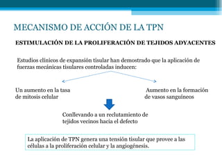 MECANISMO DE ACCIÓN DE LA TPN
ESTIMULACIÓN DE LA PROLIFERACIÓN DE TEJIDOS ADYACENTES
Estudios clínicos de expansión tisular han demostrado que la aplicación de
fuerzas mecánicas tisulares controladas inducen:
Un aumento en la tasa
de mitosis celular
Aumento en la formación
de vasos sanguíneos
Conllevando a un reclutamiento de
tejidos vecinos hacia el defecto
La aplicación de TPN genera una tensión tisular que provee a las
células a la proliferación celular y la angiogénesis.
 