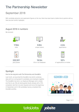 Page 1 of 2
With candidate attraction and application figures on the rise, there has never been a better time to partner with us.
Here are last month’s highlights.
August 2018 in numbers
The Partnership Newsletter
September 2018
We received:
16.5m
CVs in our database
8.8m
unique visitors
332,501
jobs posted
17.8m
visits
4.2m
applications
52%
of applications on mobile
Spotlight
Hire for the long term with The Partnership and Good&Co
Last month, we launched the Good&Co tool which combines
data with fun to bring best-fit candidates and employers together.
The Good&Co tool sits in our Applicant Manager and is simple
and free to use. We are seeing great results already with a 70%
completion rate from recruiter requests sent since the beginning
of September and 3,128 candidates having completed their
Good&Co profiles.
 