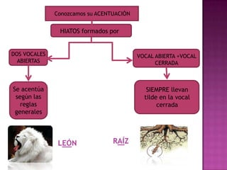 Conozcamos su ACENTUACIÓN
HIATOS formados por
DOS VOCALES
ABIERTAS
VOCAL ABIERTA +VOCAL
CERRADA
SIEMPRE llevan
tilde en la vocal
cerrada
Se acentúa
según las
reglas
generales
RAÍZLEÓN