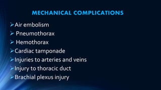 MECHANICAL COMPLICATIONS
Air embolism
 Pneumothorax
 Hemothorax
Cardiac tamponade
Injuries to arteries and veins
Injury to thoracic duct
Brachial plexus injury
 