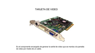TARJETA DE VIDEO
Es el componente encargado de generar la señal de video que se manda a la pantalla
de video por medio de un cable.
 