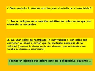 ¿ Cómo manipular la solución nutritiva para el estudio de la esencialidad?
1. No se incluyen en la solución nutritiva las sales en las que ese
elemento se encuentra
2. Se usan sales de reemplazo (= sustitución) : son sales que
contienen al anión o catión que no pretende excluirse de la
solución (compensa la eliminación de otro elemento, para no introducir una
variable no deseada al experimento)
Veamos un ejemplo que aclara esto en la diapositiva siguiente …
 