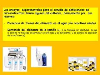 Los ensayos experimentales para el estudio de deficiencias de
micronutrientes tienen algunas dificultades, básicamente por dos
razones:
- Presencia de trazas del elemento en el agua y/o reactivos usados
- Contenido del elemento en la semilla (ej. si se trabaja con plántulas, lo que
la semilla re-moviliza al germinar es utilizado y es suficiente, y se demora la aparición
de la deficiencia)
 