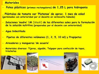 Materiales
- Potes plásticos (prismas rectangulares) de 1,25 L pora hidroponia
. Plántulas de tomate var ‘Platense’ de aprox. 1 mes de edad
(germinadas con anterioridad por el docente en vermiculita húmeda)
- Soluciones ‘madre’ 1M (‘stock’) de las diferentes sales para la formulación
de la solución nutritiva (preparadas por el docente con anterioridad)
- Agua bidestilada
- Pipetas de diferentes volúmenes (1, 2, 5, 10 ml) y Propipetas
- Aireadores y mangueras ‘de acuario’
- Materiales diversos: Tijeras, algodón, Telgopor para confección de tapas,
trinchetas
 
