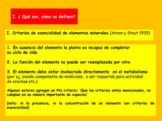 I. Criterios de esencialidad de elementos minerales (Arnon y Stout 1939)
1. En ausencia del elemento la planta es incapaz de completar
su ciclo de vida
2. La función del elemento no puede ser reemplazada por otro
3. El elemento debe estar involucrado directamente en el metabolismo
(por ej, siendo componente de moléculas, o ser requerido para actividad
de enzimas etc.)
Algunos autores agregan un 4to criterio: ‘Que los criterios antes mencionados, se
cumplan en un número importante de especies’
(nota: ni la presencia, ni la concentración de un elemento son criterios de
esencialidad)
I. ¿ Qué son, cómo se definen?
 