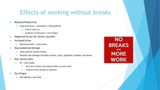 Effects of working without breaks
 Reduced Productivity
 Long work hours = exhaustion = falling behind
 Time to Catch up
 Symptoms of exhaustion = more fatigue
 Neglected Social Life (family, yourself)
 Increased stress
 Remind yourself = more stress
 Musculoskeletal Damage
 Same position without breaks
 Disorder that damages the body's muscle, joints, ligaments, tendons, and nerves
 Poor mental skills
 55 + work weeks
 short-term memory and reduced ability to recall words
 Long-term brain damage or dementia
 Eye fatigue
 Bad lighting = eye strain
 