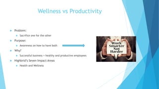 Wellness vs Productivity
 Problem:
 Sacrifice one for the other
 Purpose:
 Awareness on how to have both
 Why?
 Successful business = healthy and productive employees
 Highbrid’s Seven Impact Areas
 Health and Wellness
 