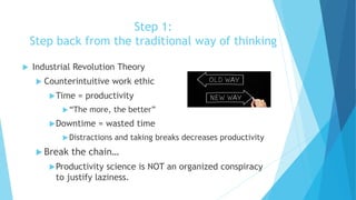 Step 1:
Step back from the traditional way of thinking
 Industrial Revolution Theory
 Counterintuitive work ethic
Time = productivity
“The more, the better”
Downtime = wasted time
Distractions and taking breaks decreases productivity
 Break the chain…
Productivity science is NOT an organized conspiracy
to justify laziness.
 