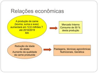 A produção de carne
(bovina, suína e aves)
aumentará em 12,6 milhões T
até 2018/2019
MA
Mercado Interno
Consumo de 50 %
desta produção
Pastagens, técnicas agronômicas
Nutricionais, Genética
Redução da idade
de abate
Aumento da qualidade
da carne produzida
Relações econômicas
12
 