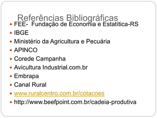 Referências Bibliográficas
34
 FEE- Fundação de Economia e Estatítica-RS
 IBGE
 Ministério da Agricultura e Pecuária
 APINCO
 Corede Campanha
 Avicultura Industrial.com.br
 Embrapa
 Canal Rural
 www.ruralcentro.com.br/cotacoes
 http://www.beefpoint.com.br/cadeia-produtiva
 